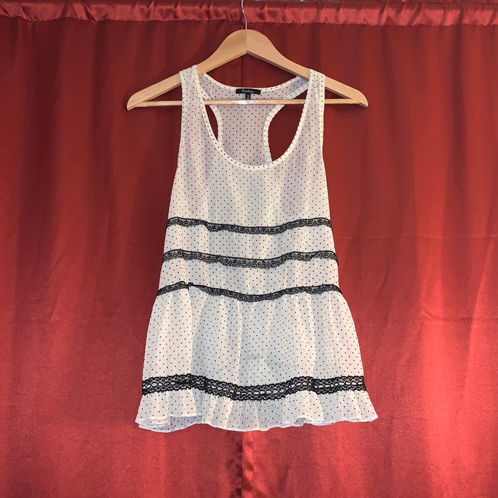 Monteau creame poka dot and black lace tank top